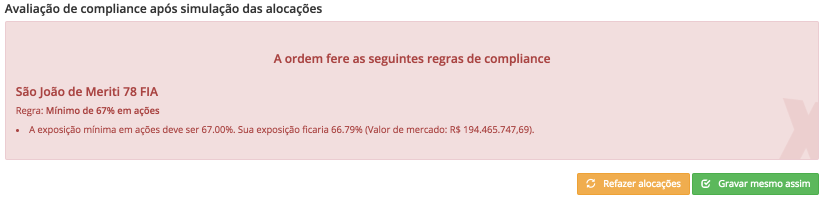 Alerta de desenquadramento antes de permitir que uma alocação seja concluída